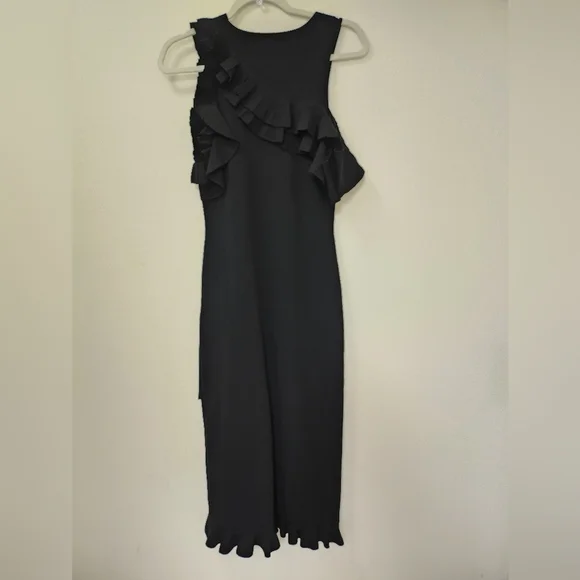 ALC Kellam Black Ribbed Cold Shoulder Ruffle Trim Stretch Knit Midi Dress Large - Picture 6 of 16